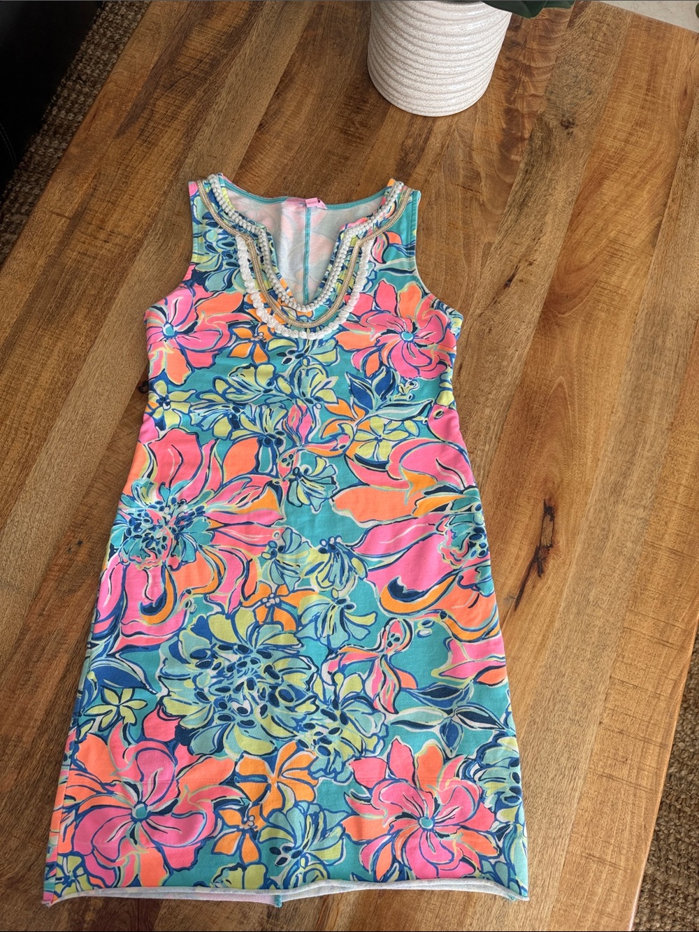 Lilly Pulitzer Beaded-Neckline Floral Mini Dress in Teal, Pink & Orange